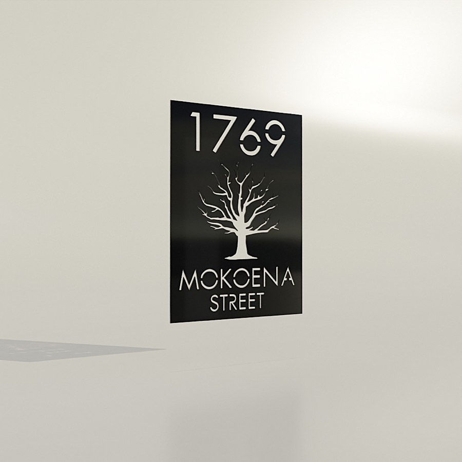 Steel-cut address sign with tree design