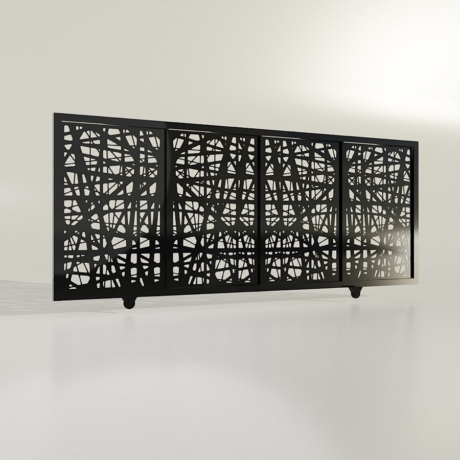 Steel gate with abstract laser-cut pattern